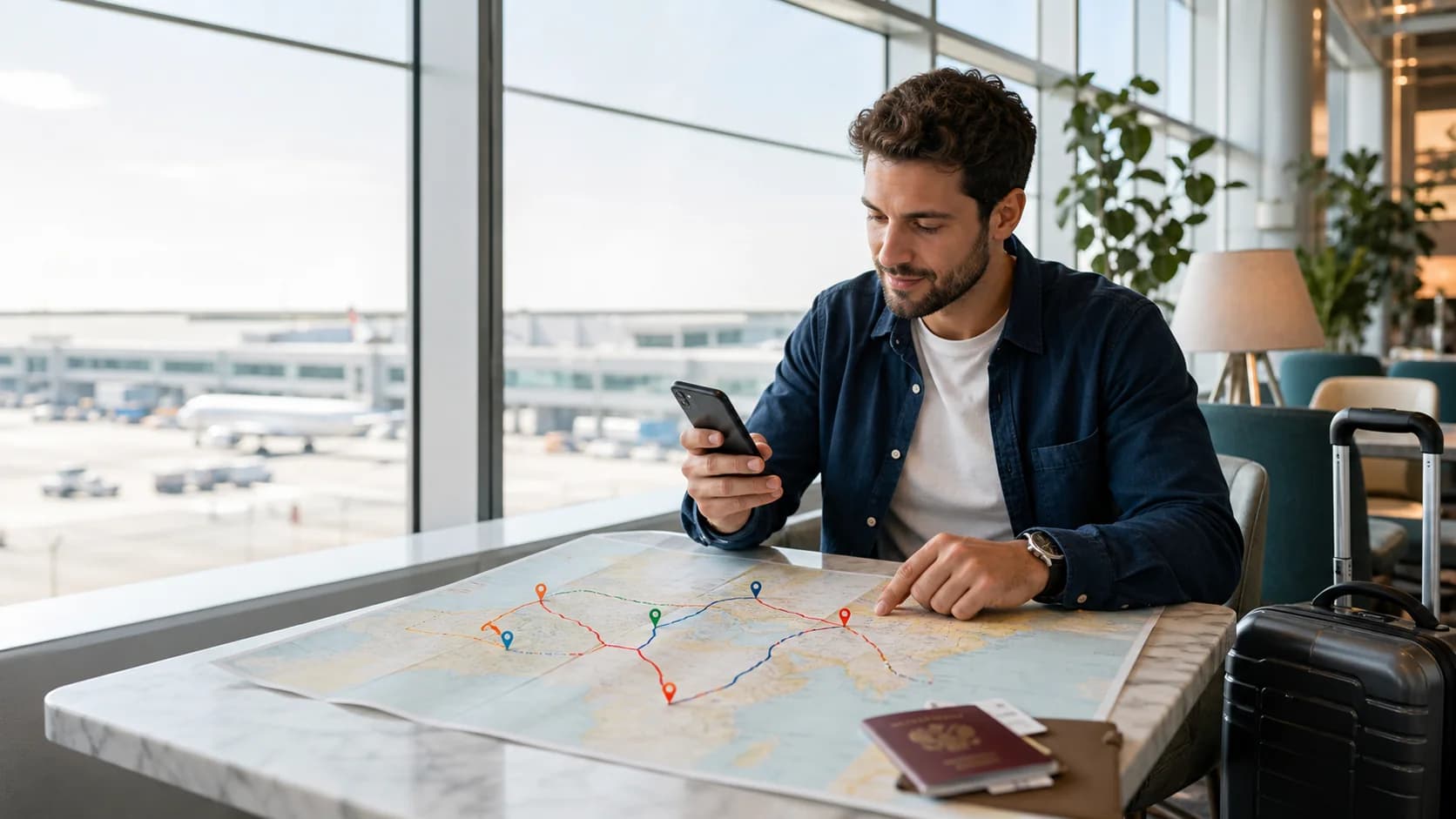 Traveler comparing a multi-country route on a map with travel eSIM options on a phone