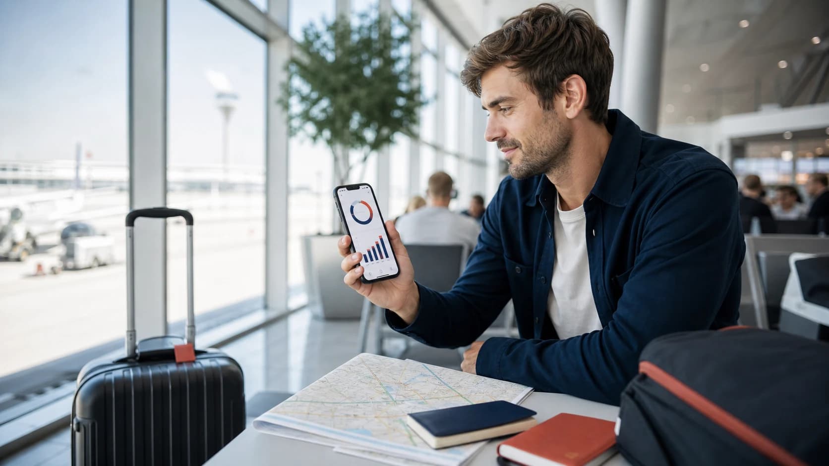 Traveler checking a mobile data usage chart on a phone in an airport lounge