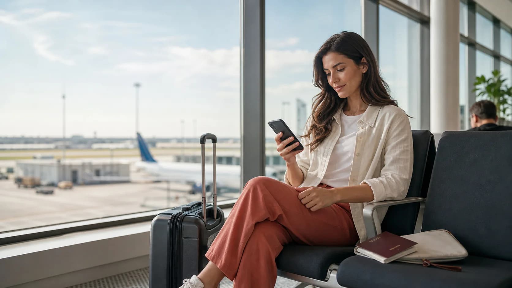 Traveler comparing connectivity options on a phone in a bright airport lounge
