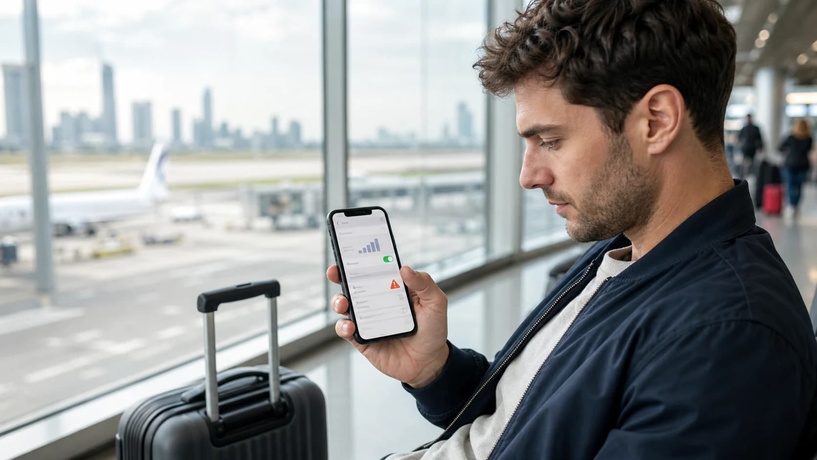 Traveler troubleshooting mobile network settings on a phone at an airport