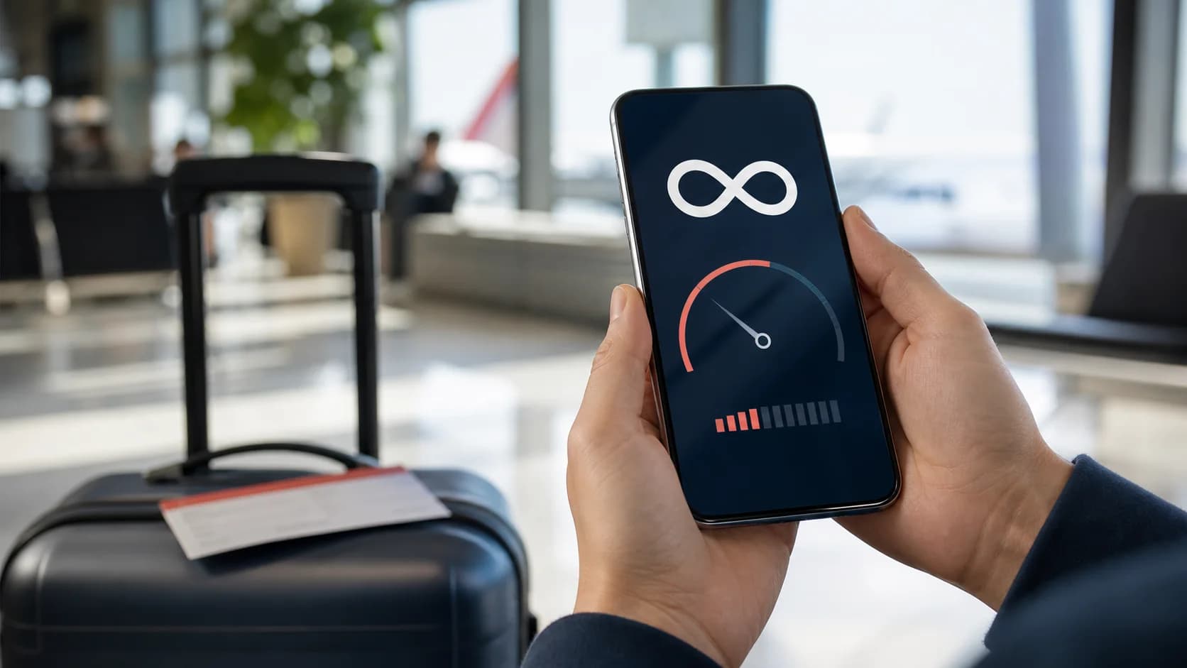 Traveler holding a phone with an unlimited data symbol and a reduced-speed meter in an airport