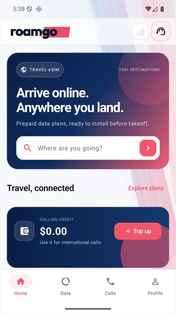 RoamGo-appen för Android med rese-eSIM-abonnemang och samtalssaldo